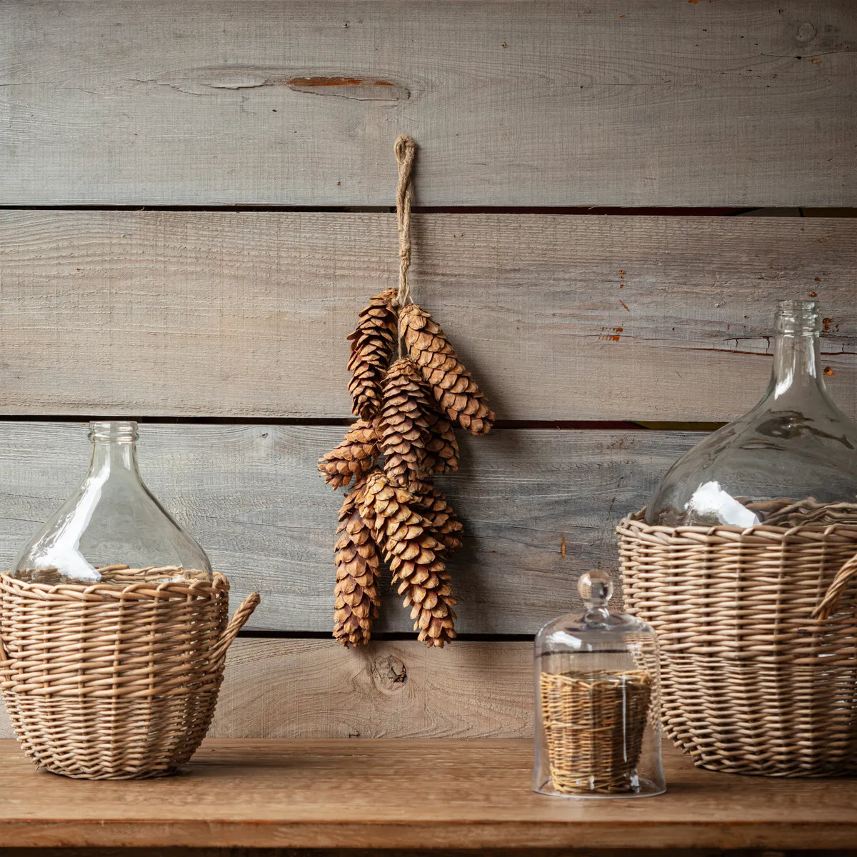 A bunch of dried pinecones hanging from a twine.