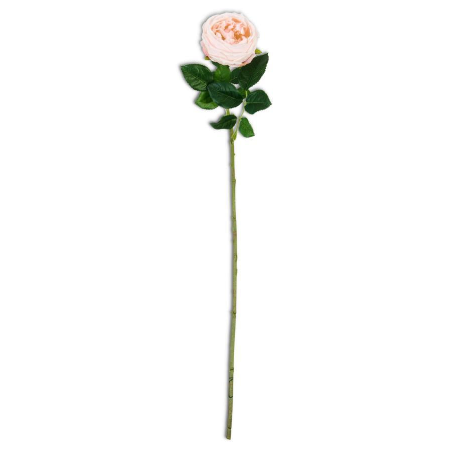 A single peach-colored artificial rose stem with green leaves.