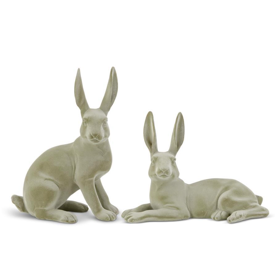 SET OF 2 GREEN VELVET RESIN BUNNIES