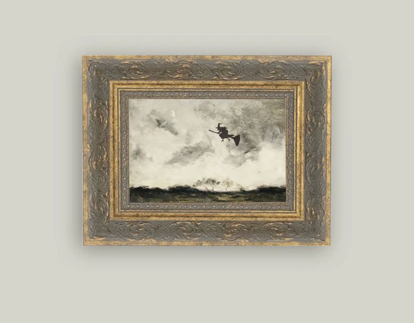 Witch Flying Through the Night Framed Vintage Art