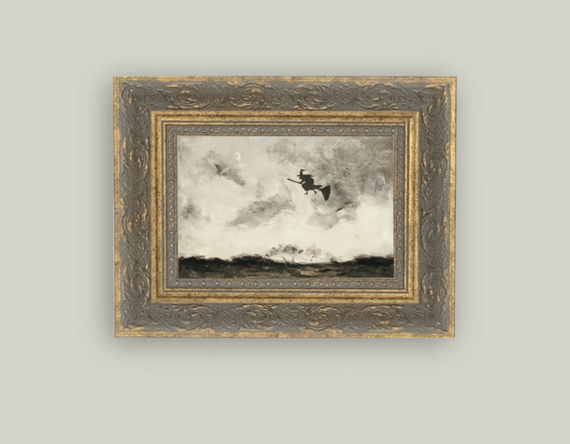 Witch Flying Through the Night Framed Vintage Art