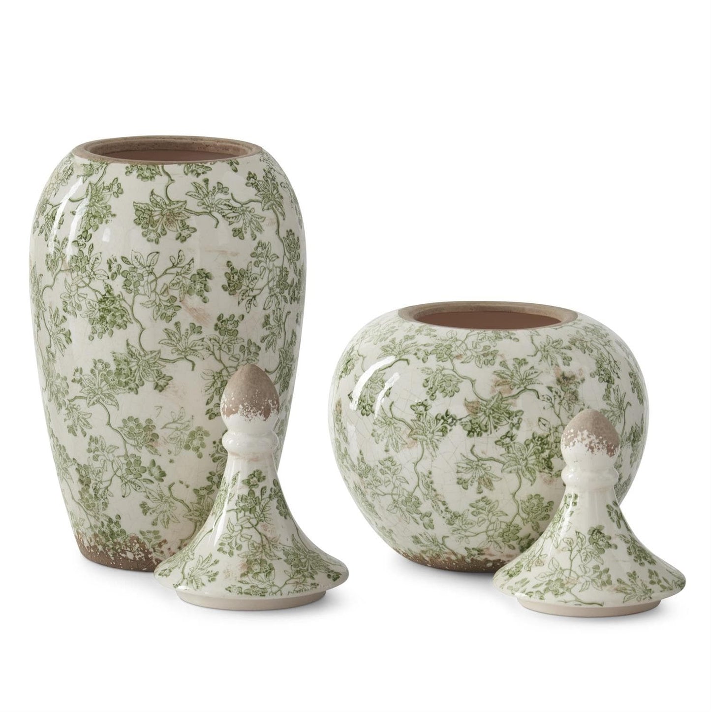 Set of 2 Green & Cream Crackled Ceramic Chinoiserie Ginger Jars