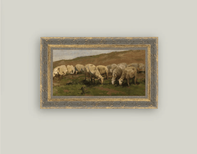 Sheep Landscape Framed Vintage Art 12" x 7"