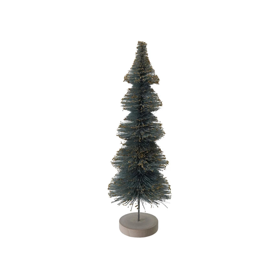 Sisal Bottle Brush Tree with Gold Glitter & Wood Base, Mint Color 3 sizes