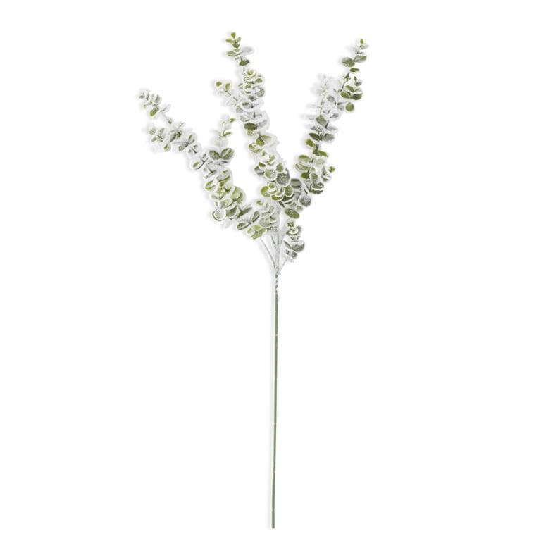 A 32 inch snowy flocked eucalyptus stem with multiple branches, featuring a white flocked texture and green leaves.
