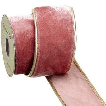 A roll of mauve velvet ribbon with a golden edge, likely used for gift wrapping or crafting.