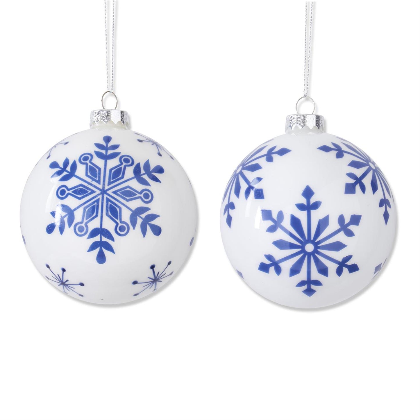 White & Blue Snowflake Glass Ornaments - Set of 2, 4.25"