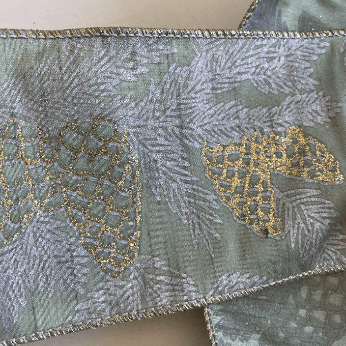 Wired Ribbon - Green with Gold & Silver Pinecones | 4" Width | 10 Yard Roll