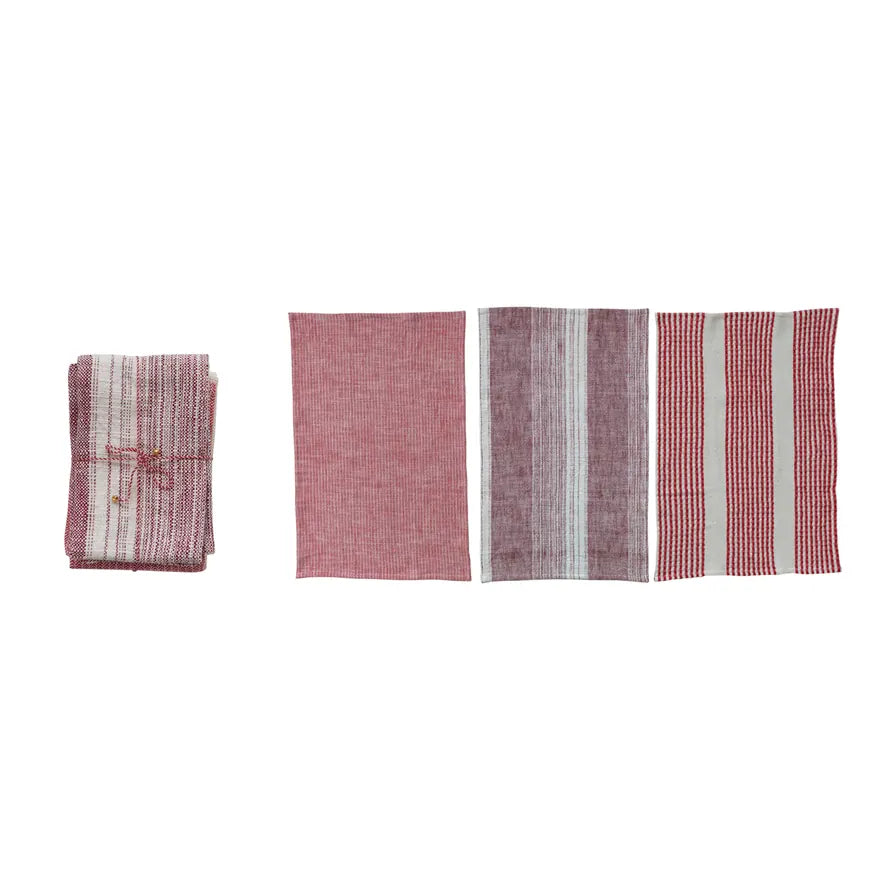 Woven Red and White Tea Towels with Patterns, Set of 3 Tied with Twine & Jingle Bell Christmas holiday dish towels