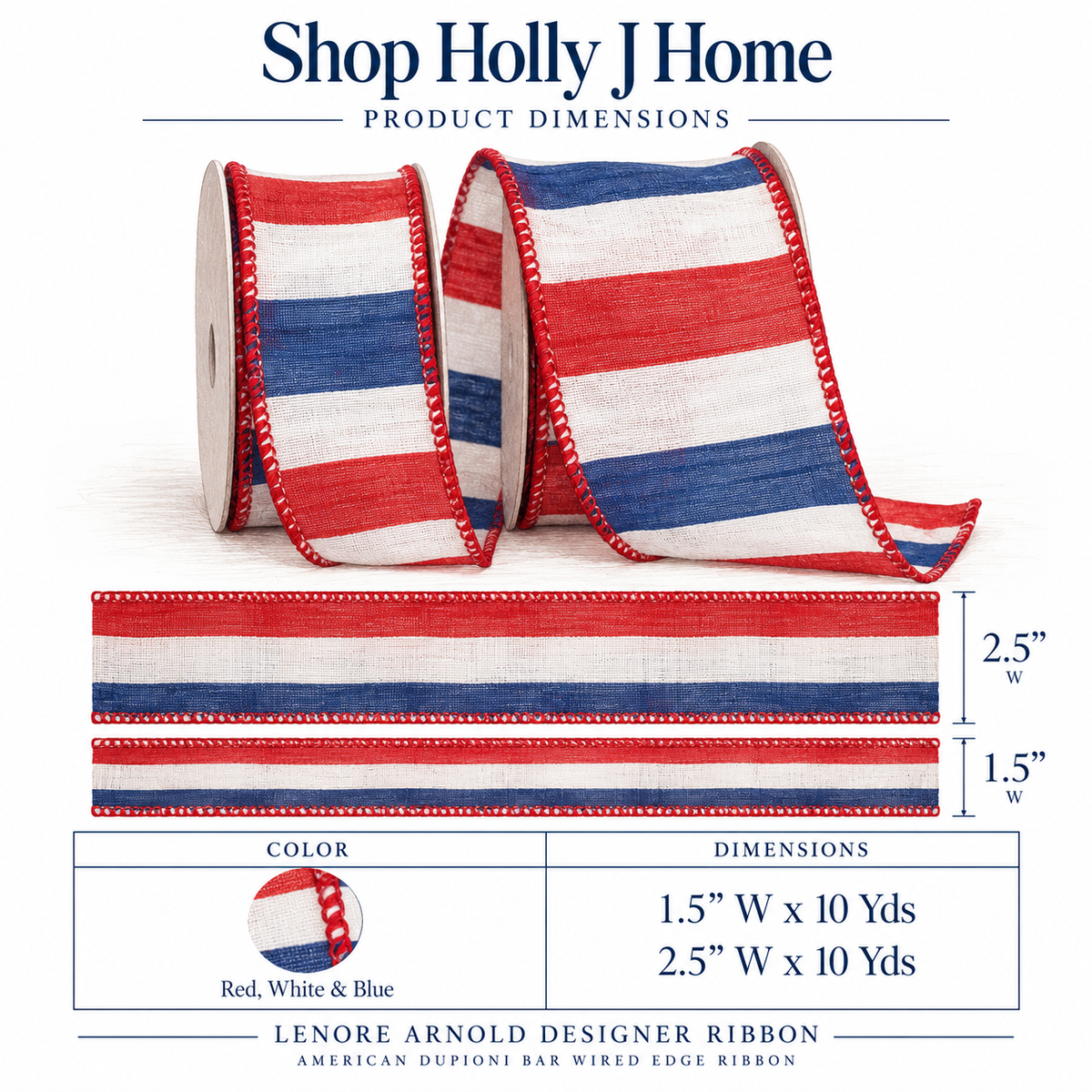 American Dupioni Bar Wired Ribbon - Red, White & Blue | 1.5" & 2.5" Widths | 10 Yard Roll