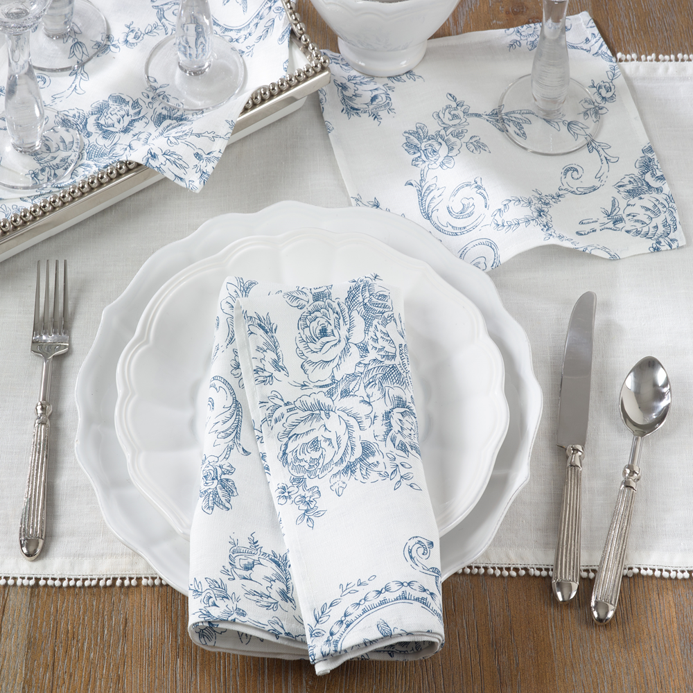 Indigo Toile Floral White 100% Linen Cloth Napkin Set of 4