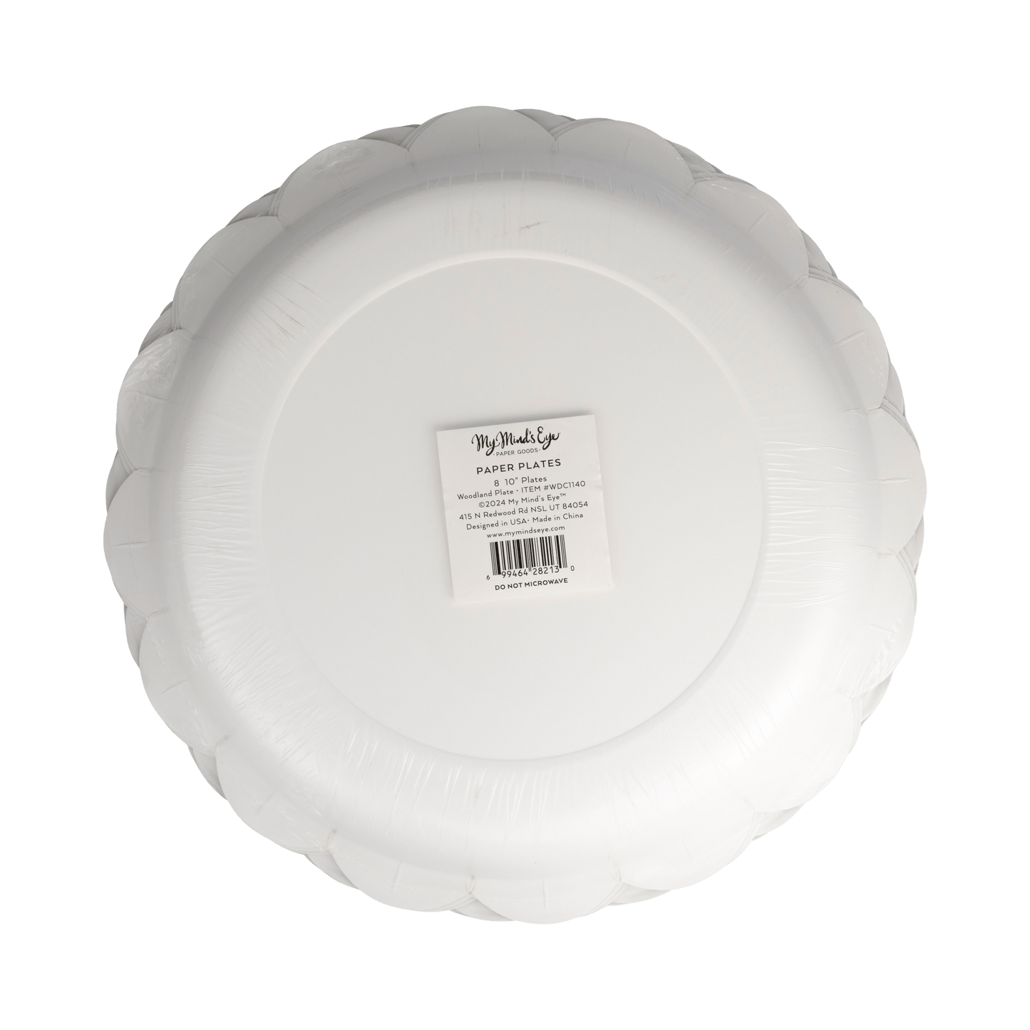 Stack of the back of paper plates with a visible brand label on a white background