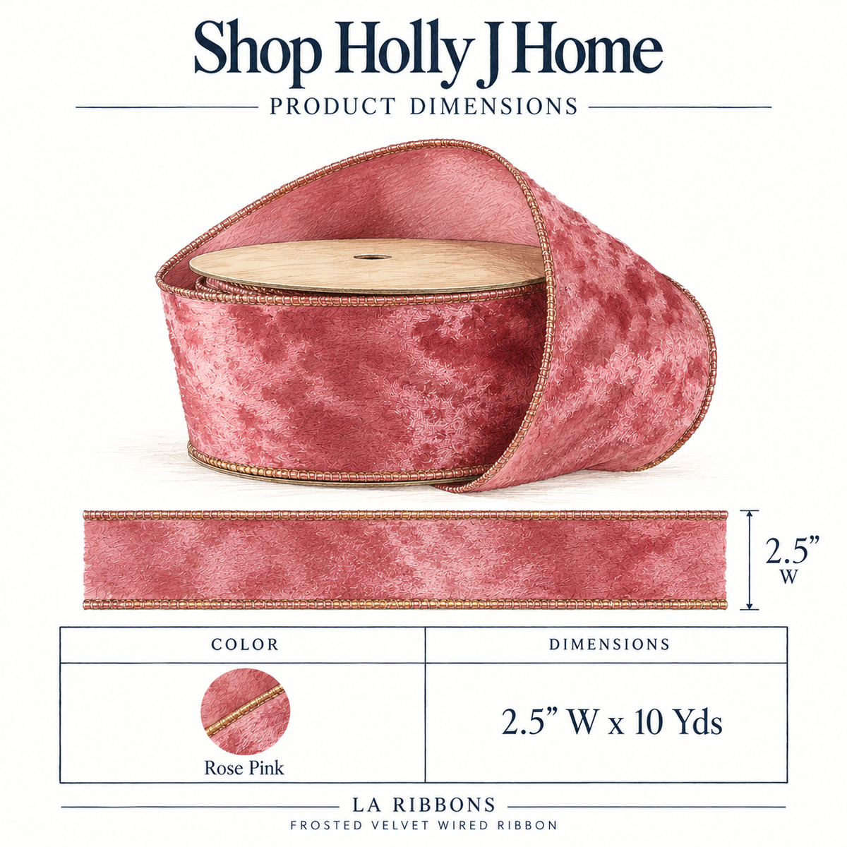 Frosted Velvet Wired Ribbon - Rose Pink | 2.5" Width | 10 Yard Roll