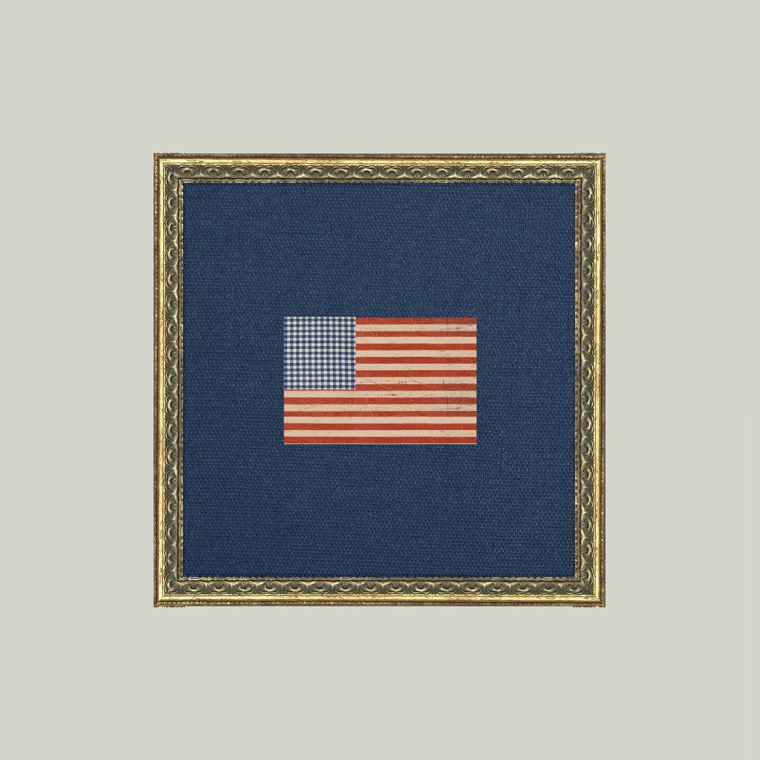 Framed Patriotic artwork with a blue background and a rectangular design featuring red, white, and blue colors 16x16
