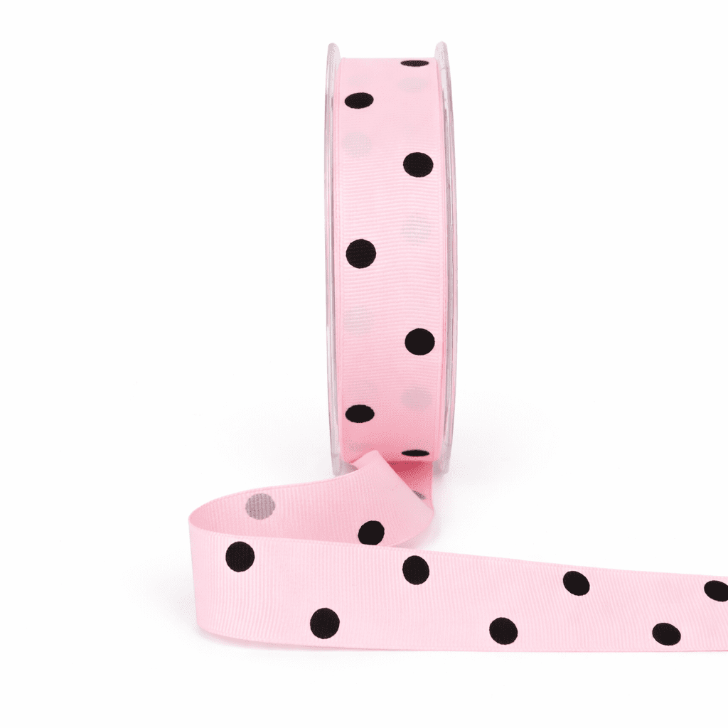 Grosgrain Ribbon - Pink with Black Polka Dots | 1" Width | 30 Yard Roll