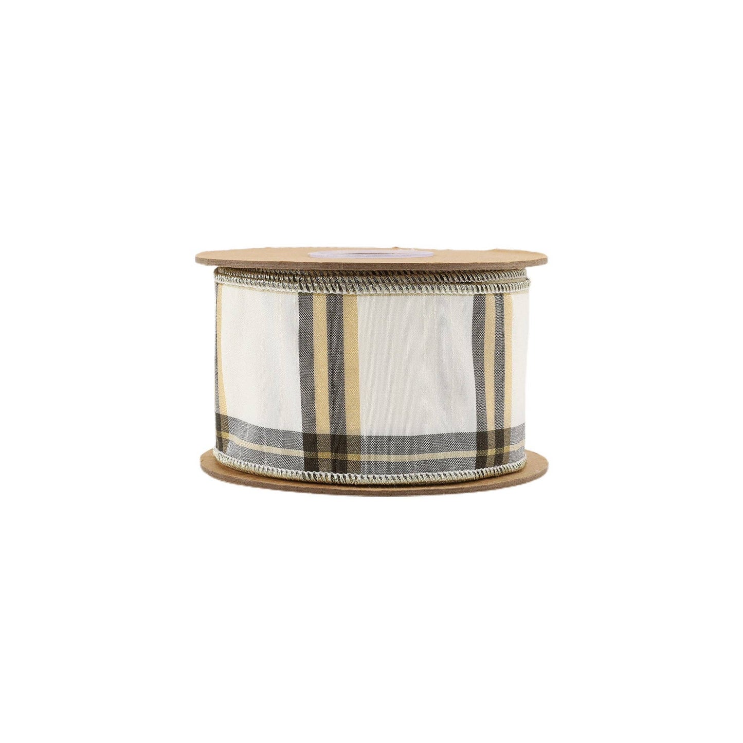 2.5" Ivory, Black & Gold Plaid Wired Ribbon | 10 Yard Roll