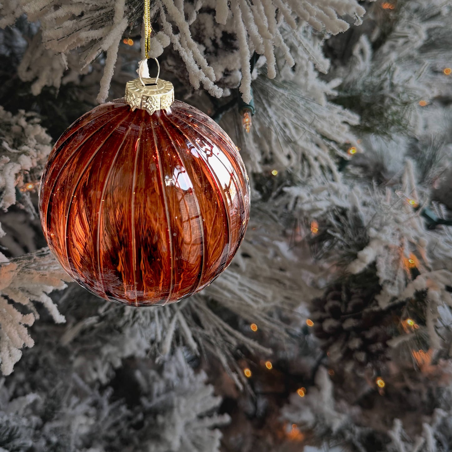 Ribbed Light Brown Round Glass Ornament - 4" Neutral Christmas Decor