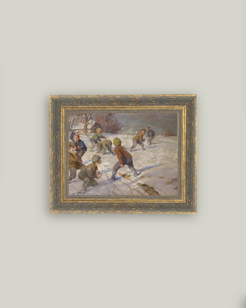 The Snowball Fight Framed Vintage Art - Gold Frame