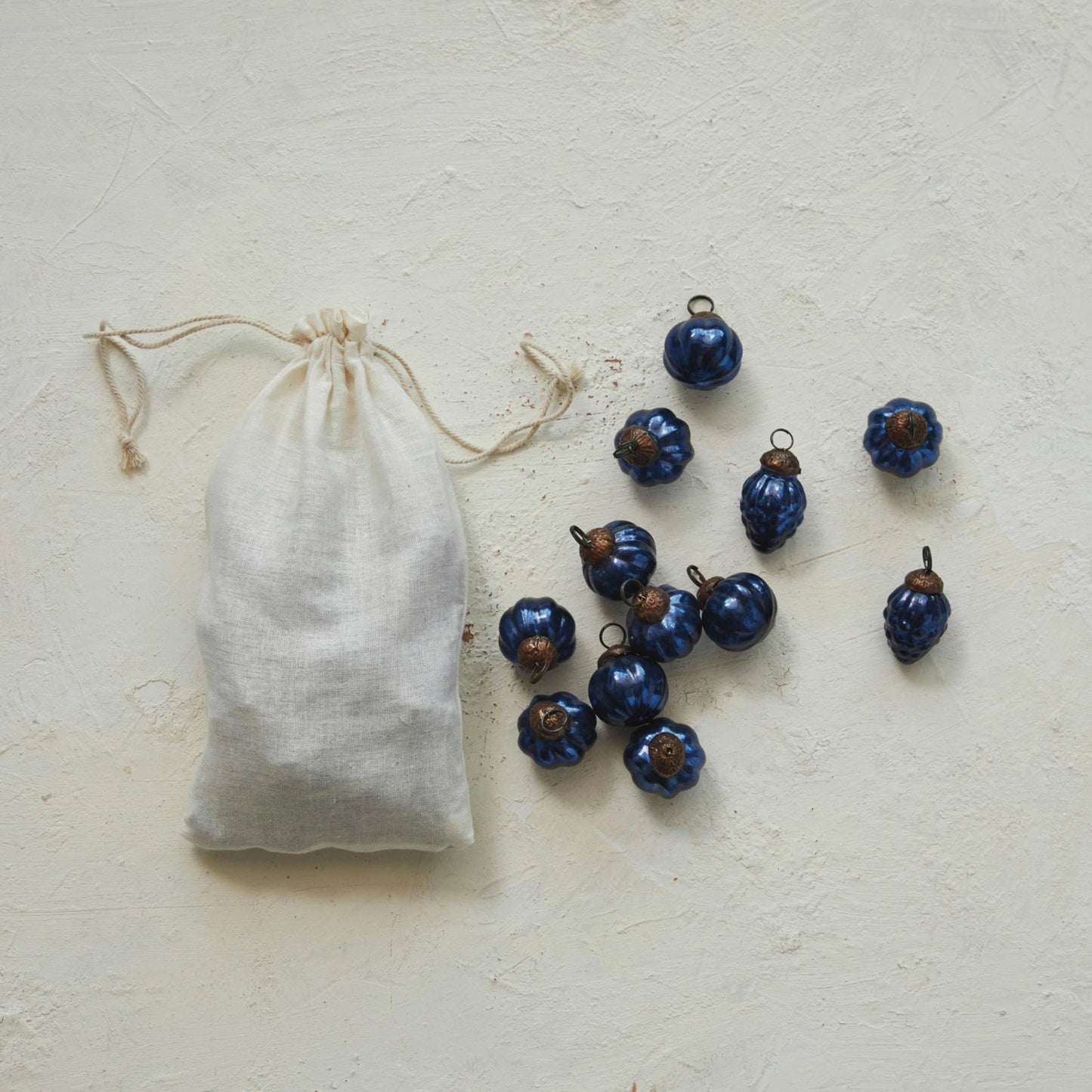 Embossed Recycled Mercury Glass Ornaments in Muslin Bag, Set of 36