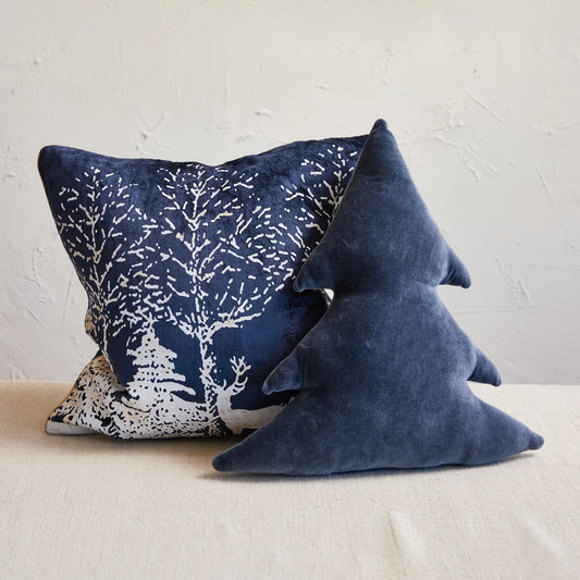 18"L x 18"H Woven Cotton Velvet Tree Shaped Pillow, Navy Color