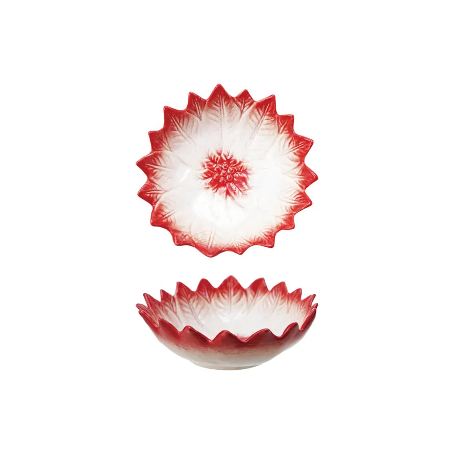 Decorative bowl with red and white floral design on a white background