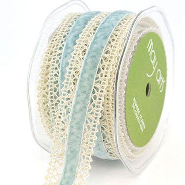1.5 Inch Crochet with Velvet Center Ribbon in Ivory and Light Blue