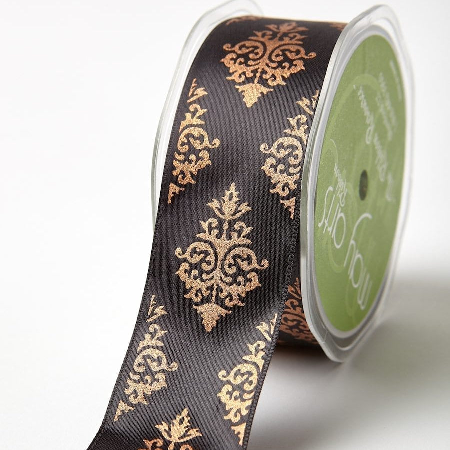1.5 Inch Single Faced Satin Damask Print Ribbon with Woven Edge