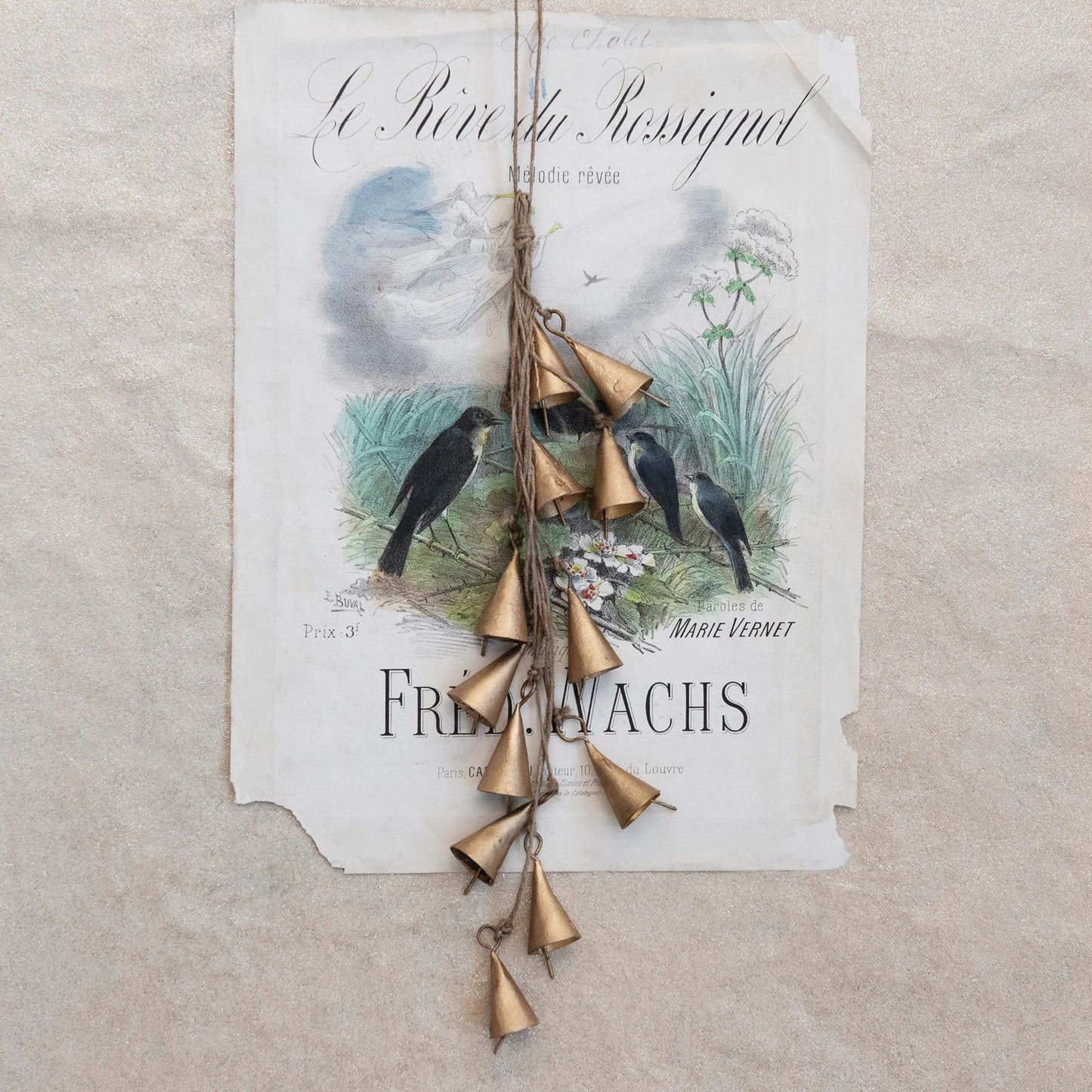 12-1/2"H Hanging Metal Bell Cluster with Jute Rope, Antique Brass Finish