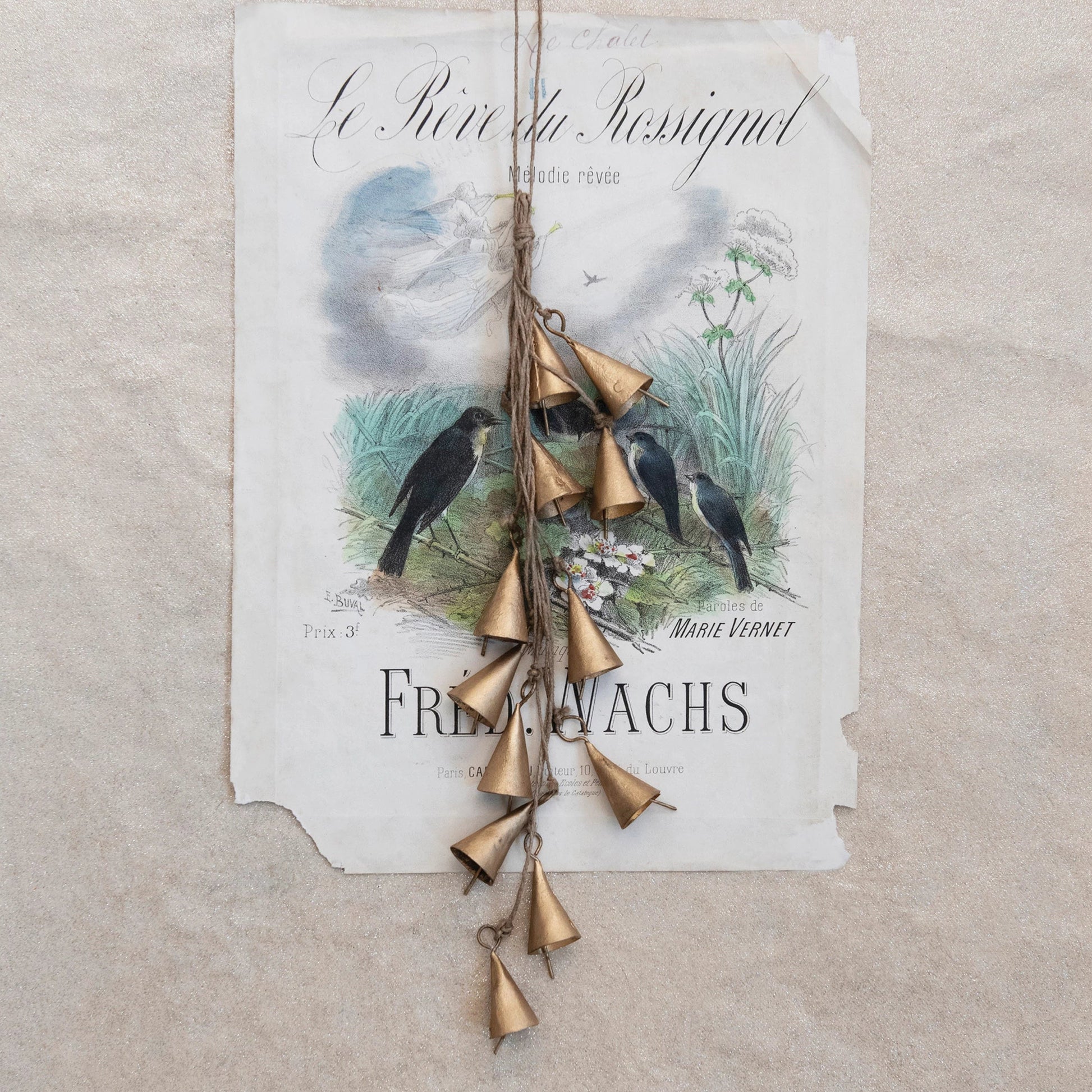 12-1/2"H Hanging Metal Bell Cluster with Jute Rope, Antique Brass Finish