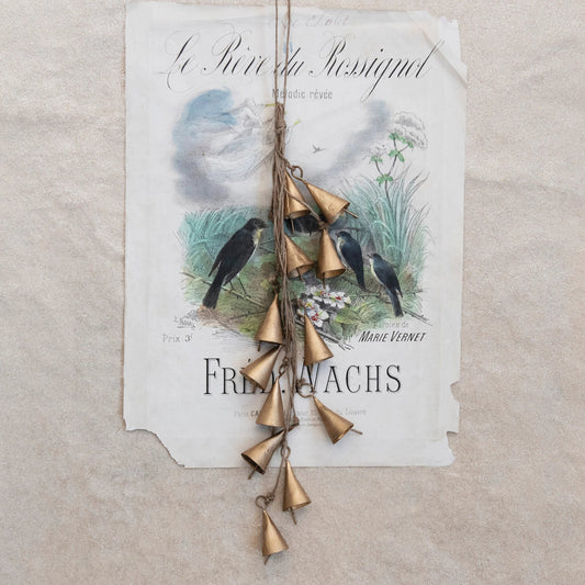 12-1/2"H Hanging Metal Bell Cluster with Jute Rope, Antique Brass Finish