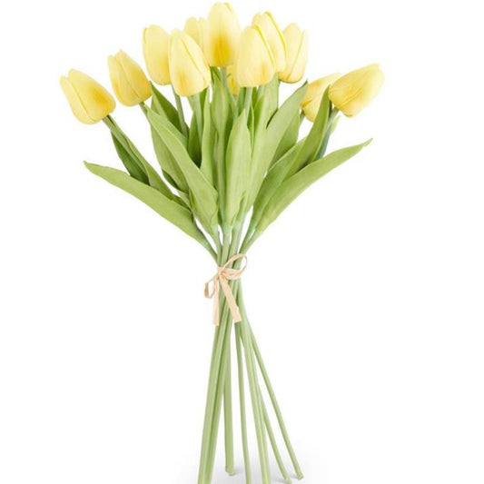 A bundle of yellow real touch mini tulips with green leaves, bound together with a string.
