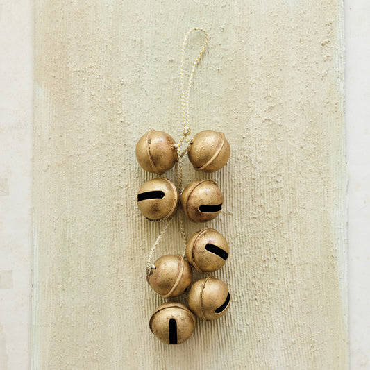 16"H Hanging Metal Jingle Bell Cluster w/ White & Gold Cord, Gold Finish