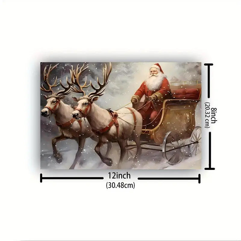 Wooden Framed Canvas Painting Santa Claus And Reindeer 8x12"