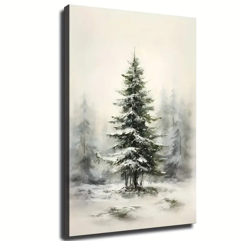 Wooden Framed Canvas Painting Winter Fir Forest 12x18"