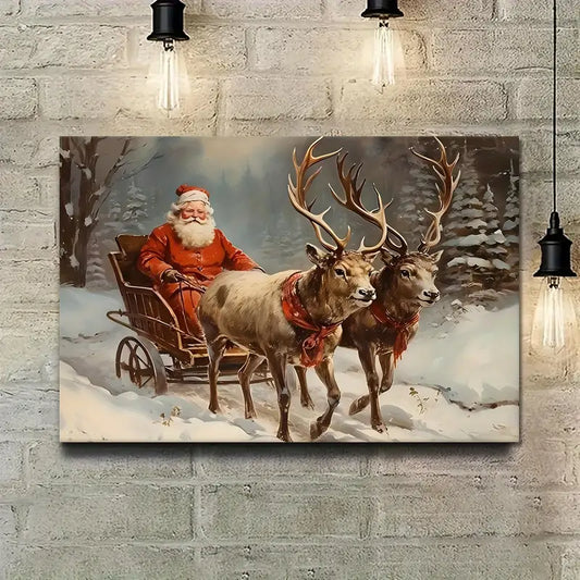 Wooden Framed Canvas Painting Santa Claus & Reindeer Sleigh 8x12"