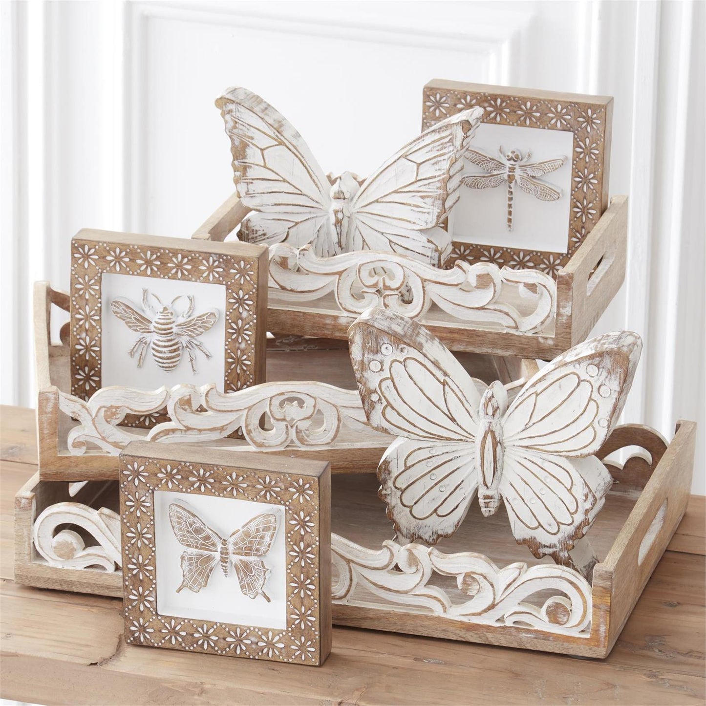 WHITEWASHED CARVED RESIN BUTTERFLIES