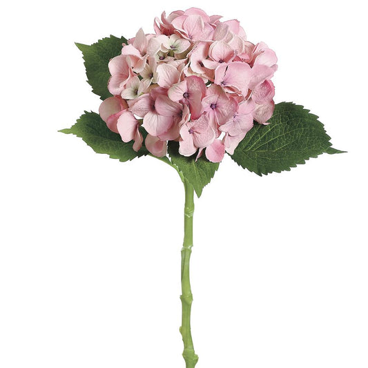 A artificial hydrangea spray with water-resistant stems in antique pink color and green leaves.