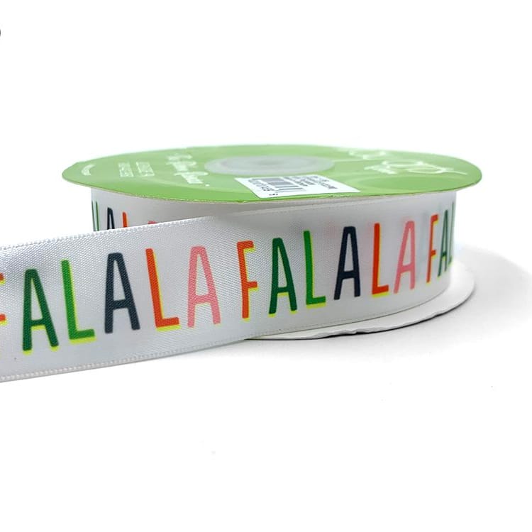 ~1 Inch Satin FaLaLa Holiday Print Ribbon with Woven Edge