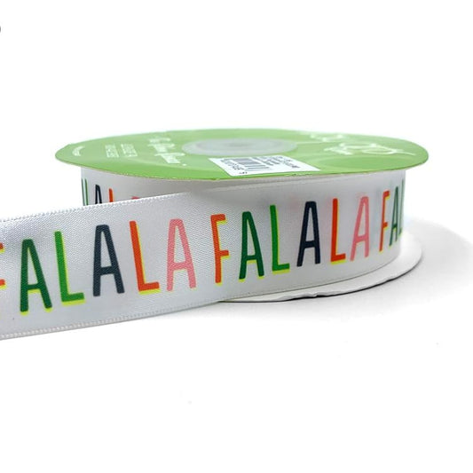~1 Inch Satin FaLaLa Holiday Print Ribbon with Woven Edge