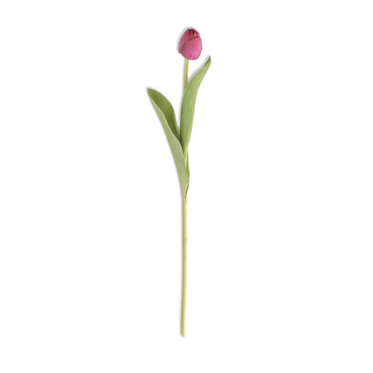 A single fuchsia silk tulip stem with real touch petals against a white background.
