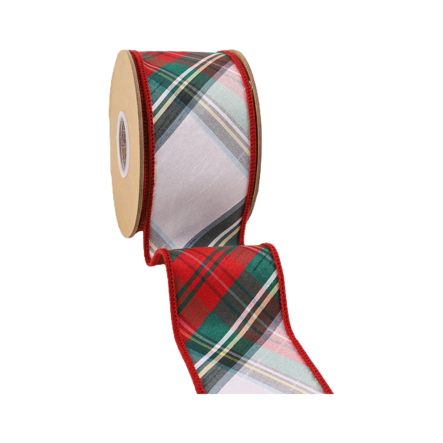 2 1/2" Wired Dupioni Ribbon | Burgundy Red/Green/White Plaid Bias Cut | 5 Yard Roll