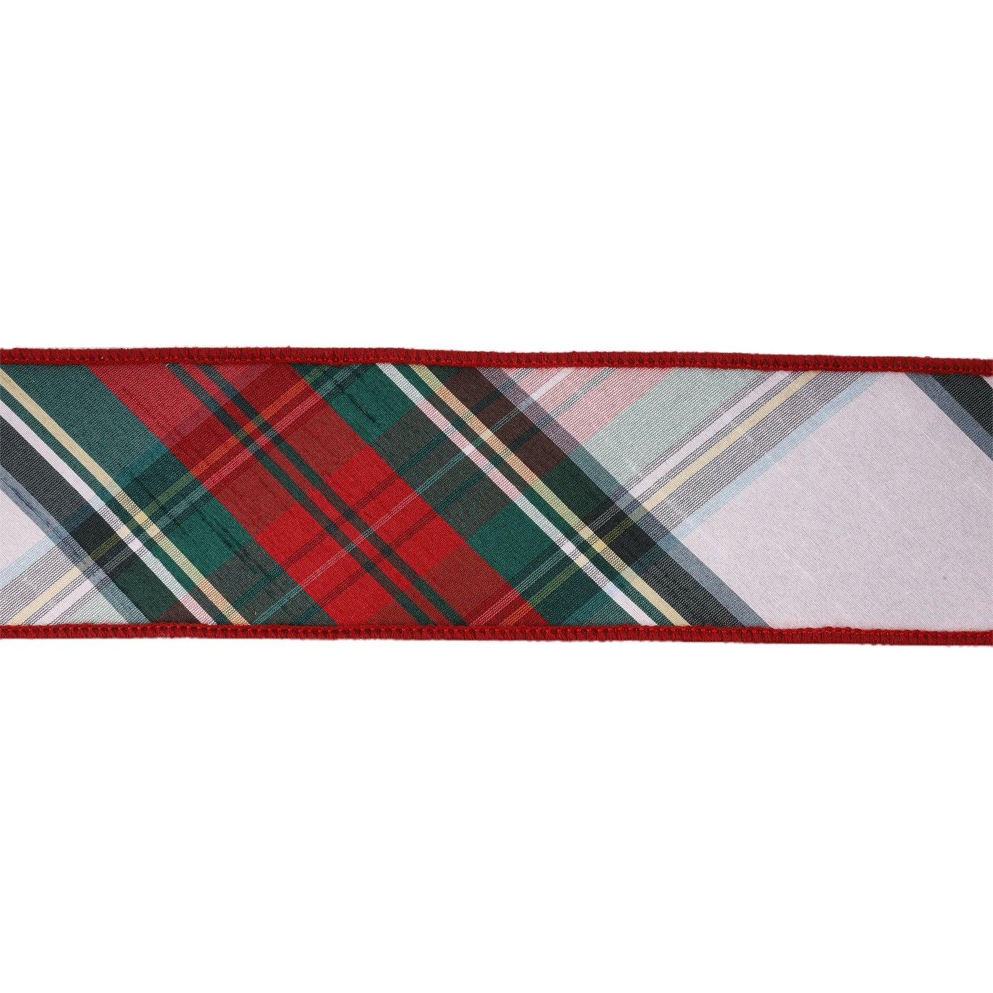 2 1/2" Wired Dupioni Ribbon | Burgundy Red/Green/White Plaid Bias Cut | 5 Yard Roll