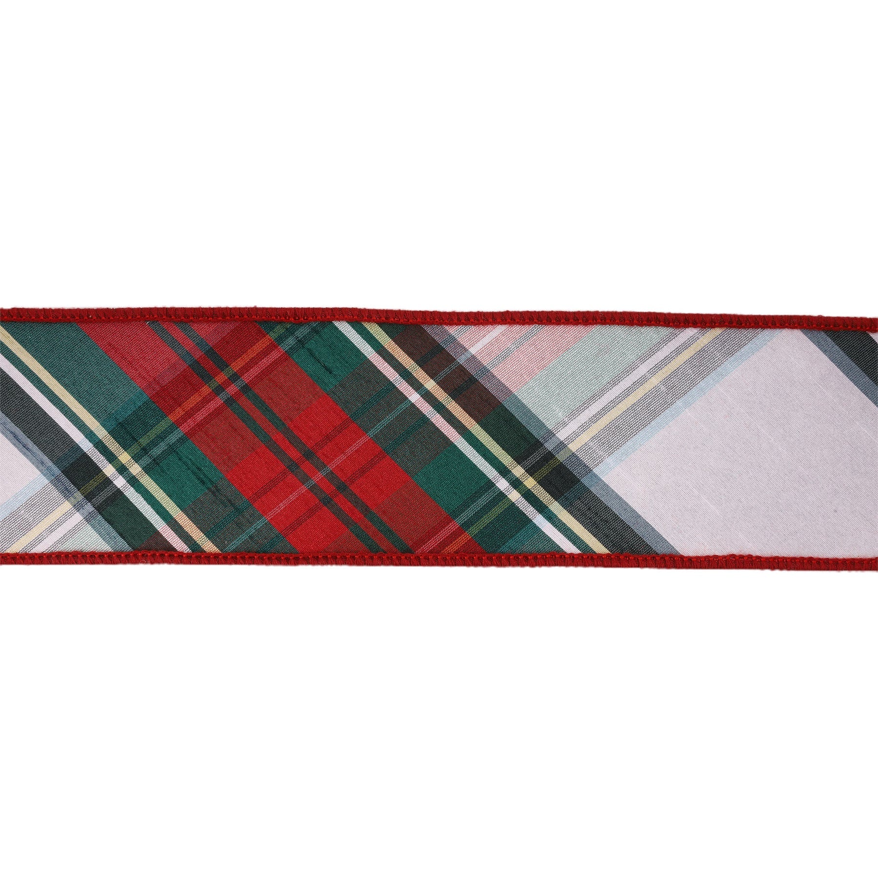 2 1/2" Wired Dupioni Ribbon | Burgundy Red/Green/White Plaid Bias Cut | 5 Yard Roll