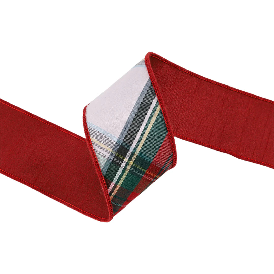 2 1/2" Wired Dupioni Ribbon | Burgundy Red/Green/White Plaid Bias Cut | 5 Yard Roll