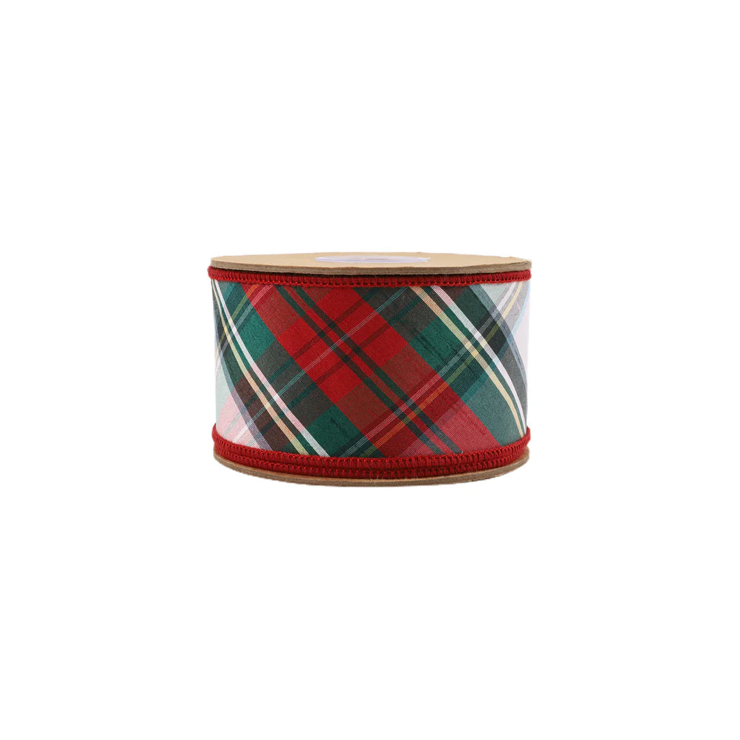 2 1/2" Wired Dupioni Ribbon | Burgundy Red/Green/White Plaid Bias Cut | 5 Yard Roll