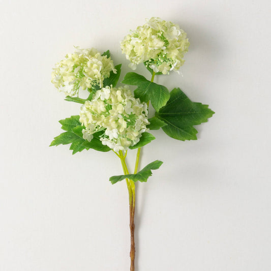 A 31-inch artificial green Snowball Hydrangea stem with three blooms.