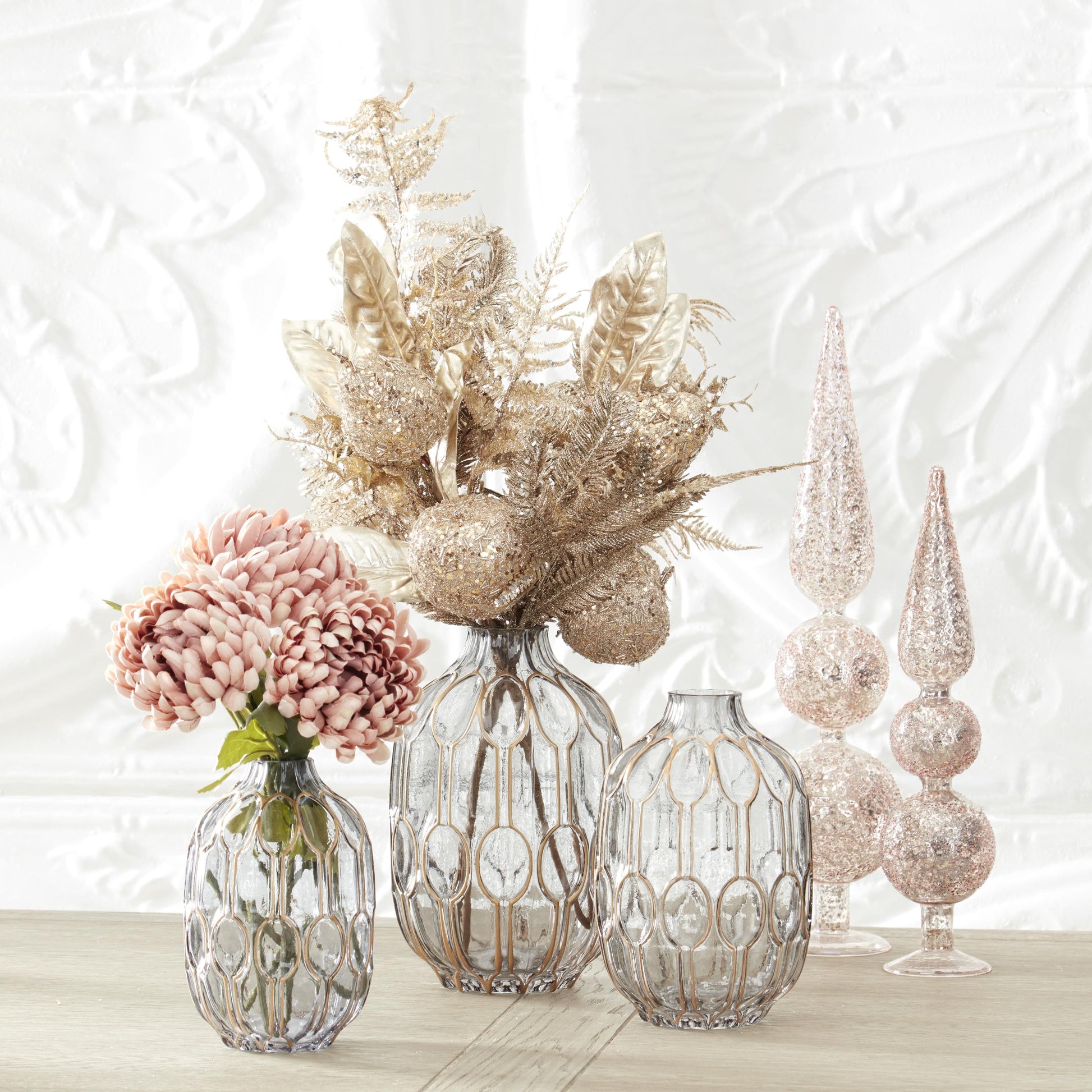 31 Inch Gold & Silver Glittered Stem w/Fern Magnolia Pine and Sequin Apples & Pears