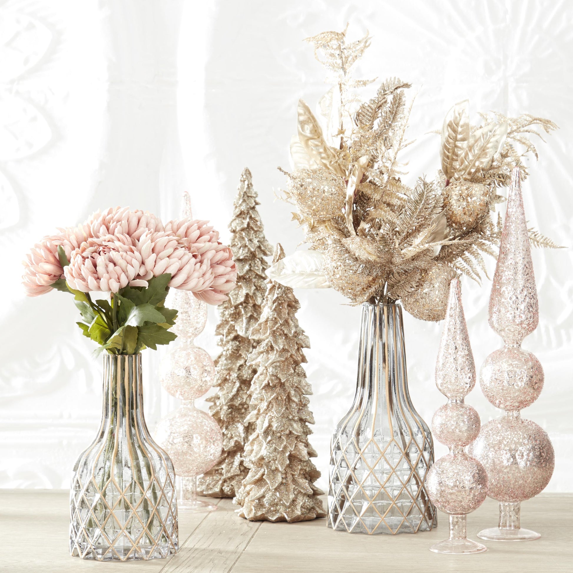 31 Inch Gold & Silver Glittered Stem w/Fern Magnolia Pine and Sequin Apples & Pears