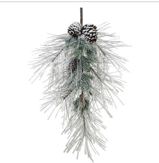 32" Snow Mixed Pine Teardrop w/Cones Green Snow