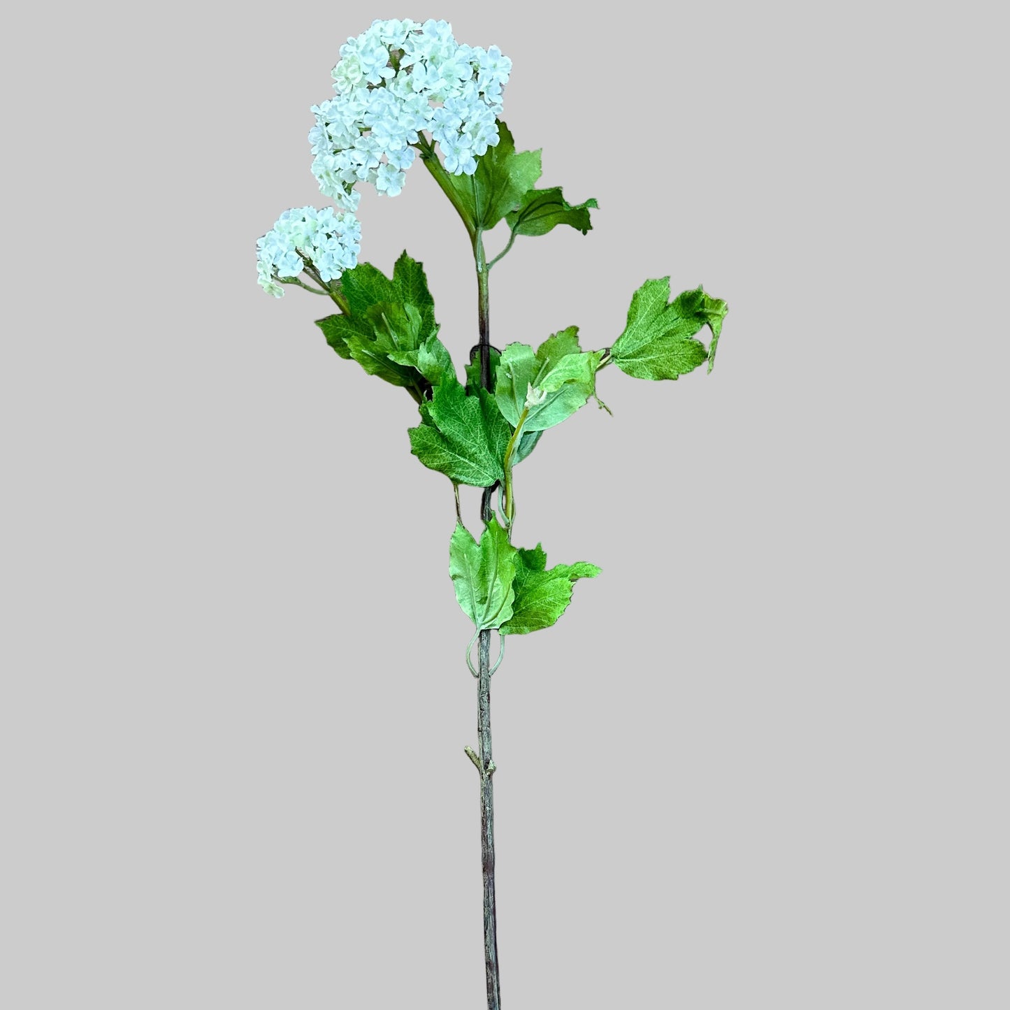 Artificial flower stem with white flowers and green leaves on a wooden surface 32" White Snowball 2 Bloom Hydrangea Stem Spray